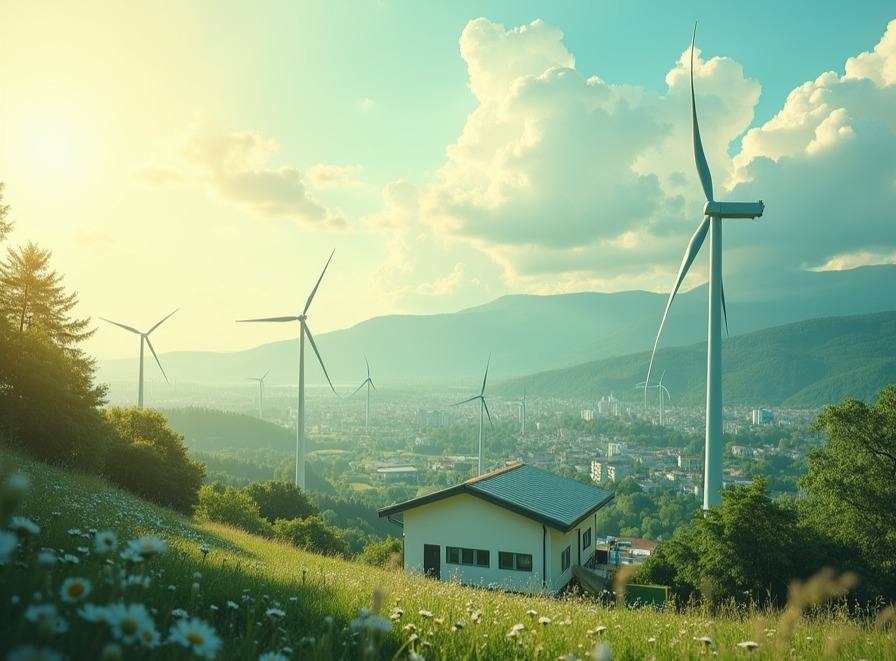 Illustration erneuerbarer Energien – Windräder und Natur als Symbolbild für Energiewende und Nachhaltigkeit